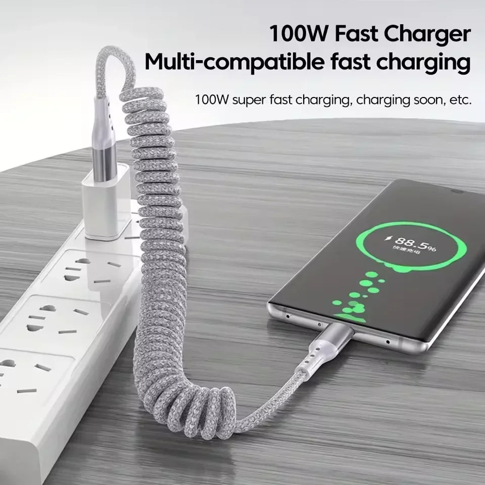 Coiled Car Charging Cable — 100W USB-C, Stretches 0.25m to 1.5m