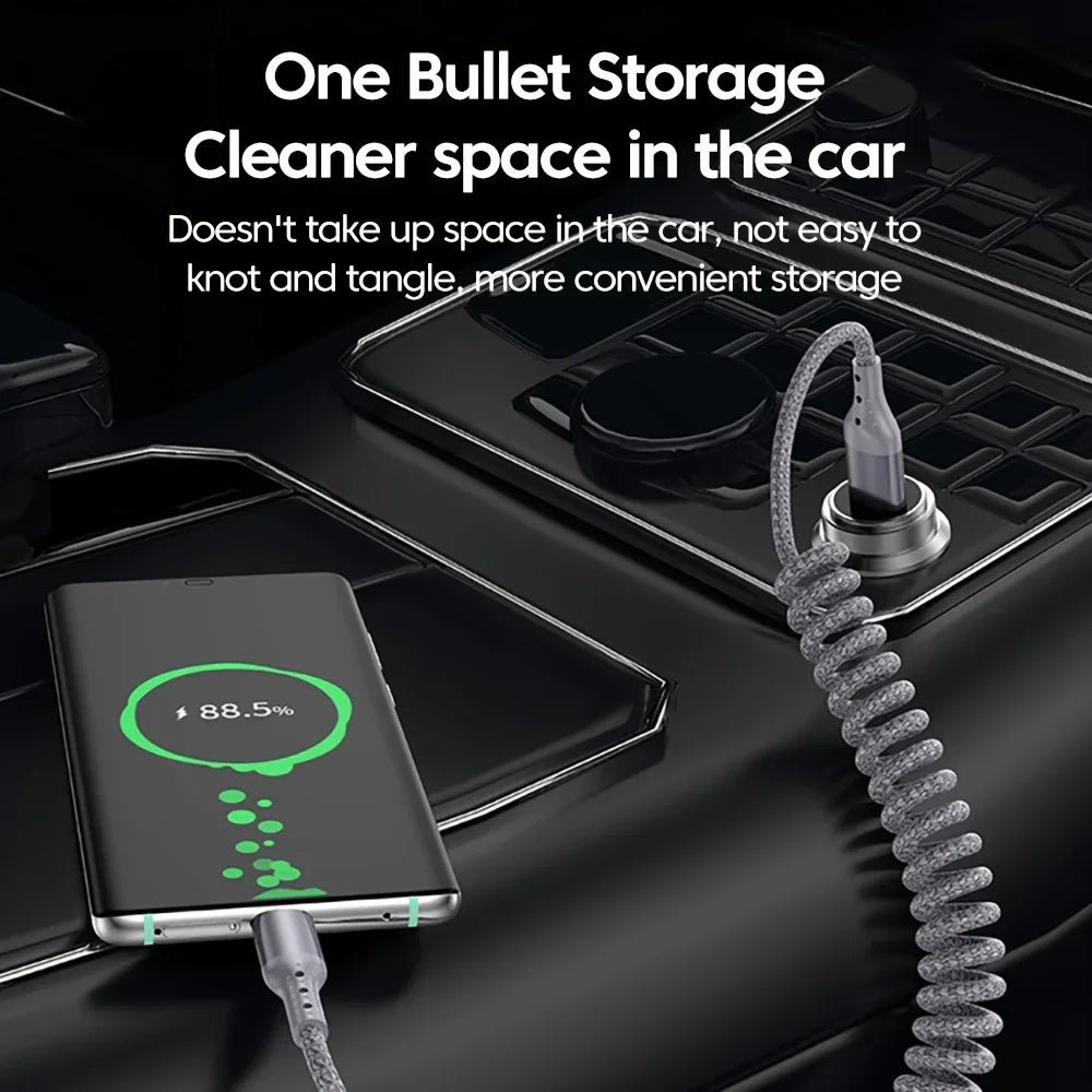 Coiled Car Charging Cable — 100W USB-C, Stretches 0.25m to 1.5m