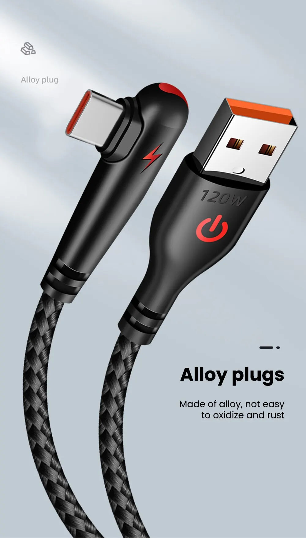 90° Right Angle USB-C Cable — 6A Fast Charging, Braided for Gaming