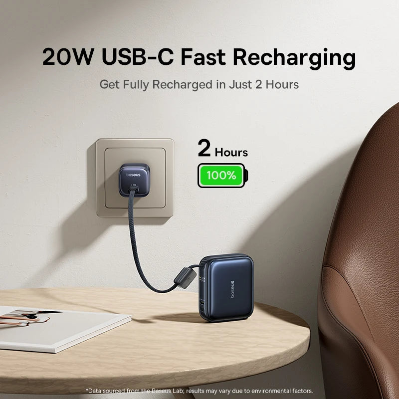 Baseus 10,000mAh Mini Power Bank — 45W Fast Charging with Built-In USB-C Cable