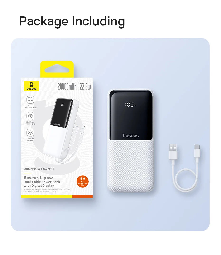 Baseus 20,000mAh Power Bank — 22.5W Fast Charging with Built-In Cables & LCD Display