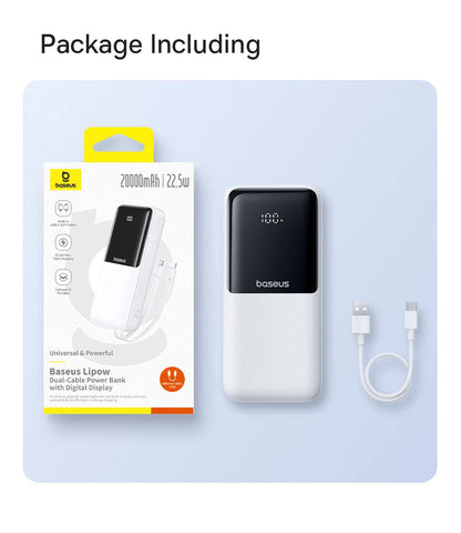 Baseus 20,000mAh Power Bank — 22.5W Fast Charging with Built-In Cables & LCD Display