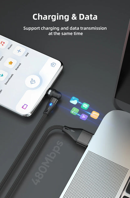 Magnetic Charging Cable — 540° Rotating 5A Fast Charge with USB-C, Lightning & Micro USB Tips