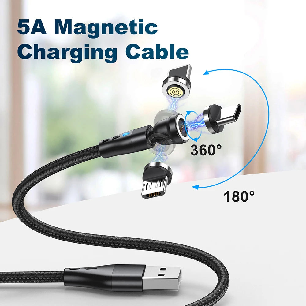 Magnetic Charging Cable — 540° Rotating 5A Fast Charge with USB-C, Lightning & Micro USB Tips