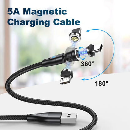 Magnetic Charging Cable — 540° Rotating 5A Fast Charge with USB-C, Lightning & Micro USB Tips