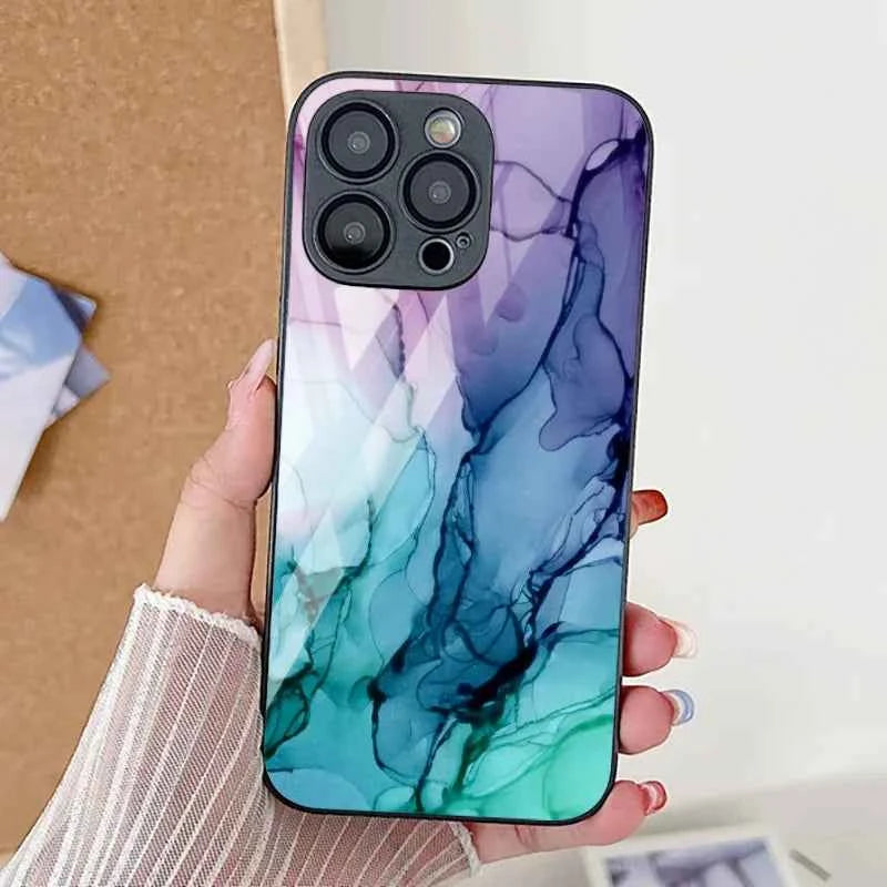 Marble Tempered Glass iPhone Case — Luxury Shockproof Cover