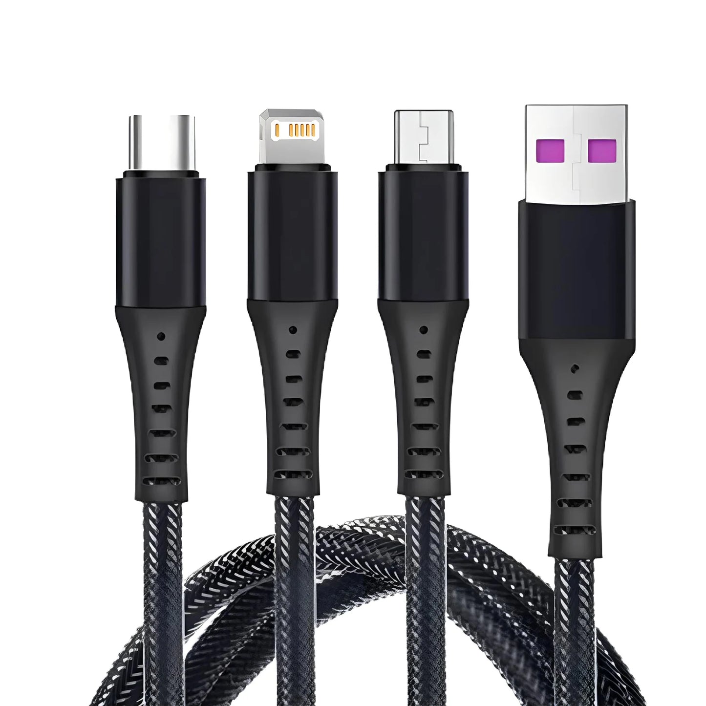 3-in-1 Charging Cable — 5A Fast Charge USB-C, Lightning & Micro USB