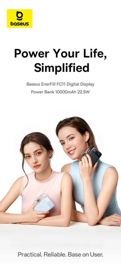 Baseus 10,000mAh Power Bank — 22.5W Fast Charging with Dual Built-In USB-C Cables