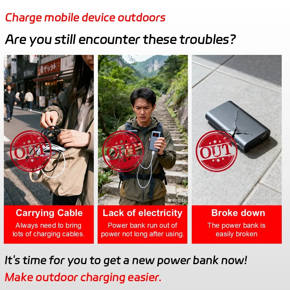 38,000mAh Solar Power Bank with Built-In Cables — Wireless Charging & LED Flashlight