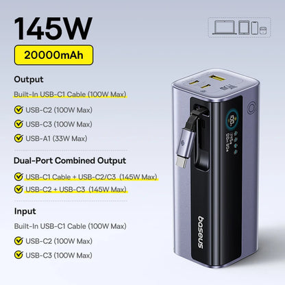 Baseus 20,800mAh Laptop Power Bank — 145W Total Output with 100W USB-C PD Fast Charging
