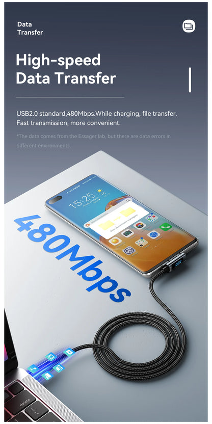 Essager 100W USB-C Cable — Right Angle with Power Display & E-Marker Chip
