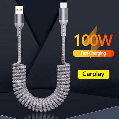 Coiled Car Charging Cable — 100W USB-C, Stretches 0.25m to 1.5m
