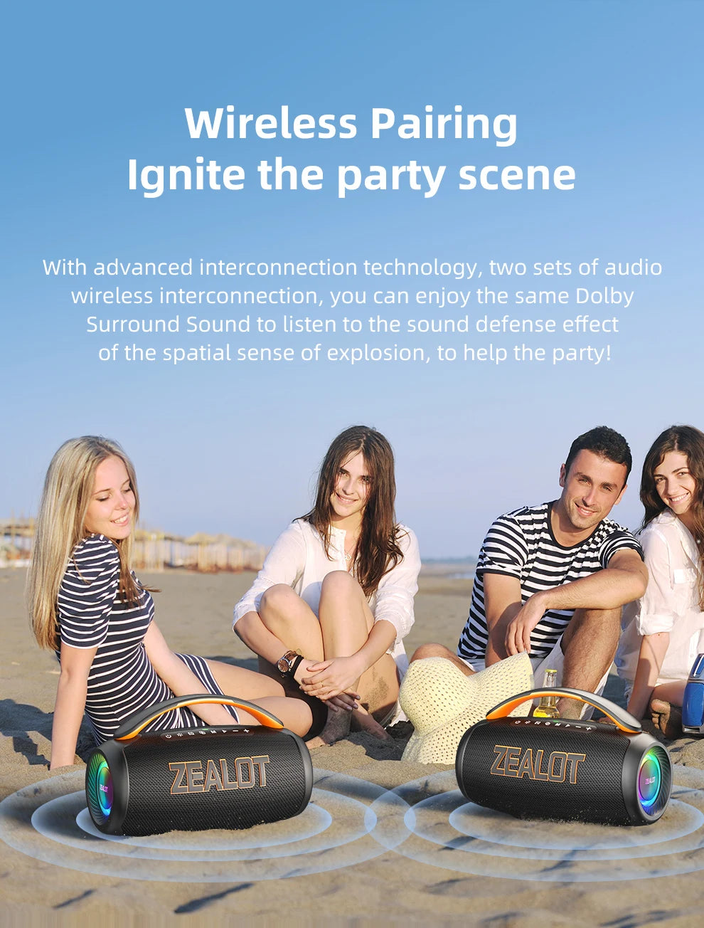 Zealot P12 Portable Bluetooth Speaker — 60W IPX6 Waterproof with Carry Handle