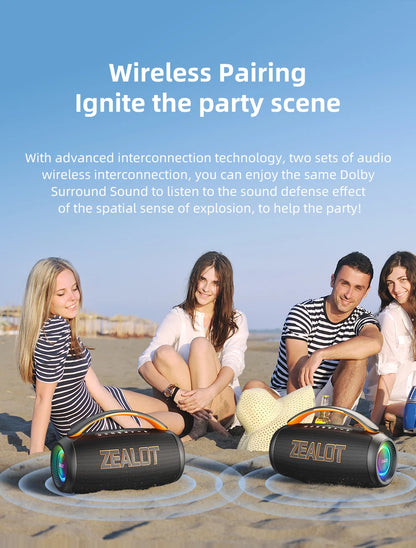 Zealot P12 Portable Bluetooth Speaker — 60W IPX6 Waterproof with Carry Handle