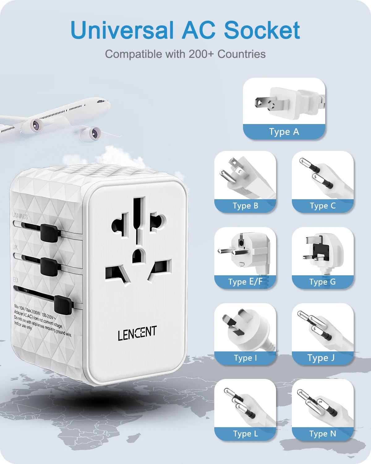 LENCENT Universal Travel Adapter — All-in-One EU, UK, US & AUS Plug with USB