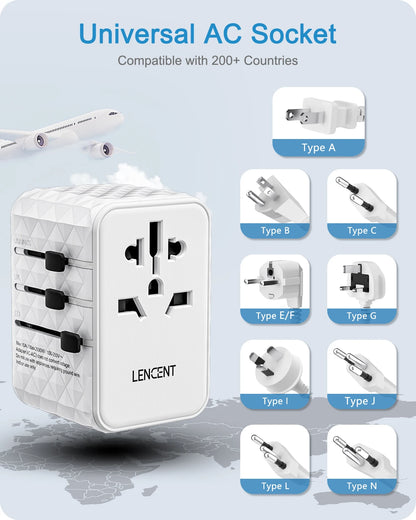 LENCENT Universal Travel Adapter — All-in-One EU, UK, US & AUS Plug with USB