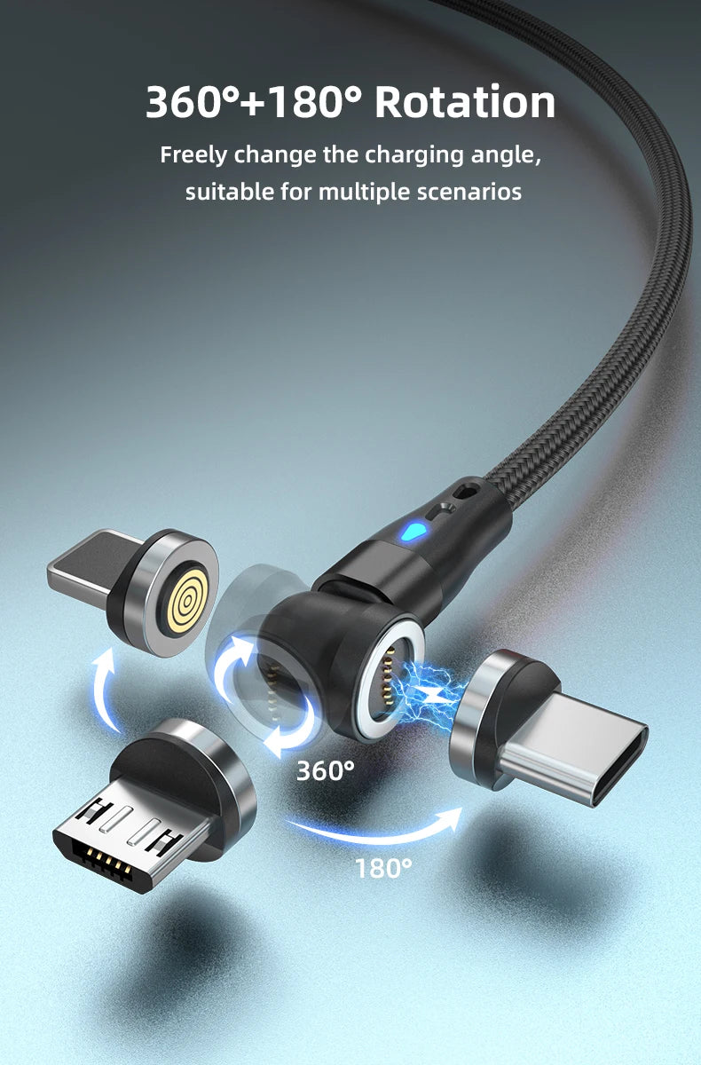 Magnetic Charging Cable — 540° Rotating 5A Fast Charge with USB-C, Lightning & Micro USB Tips