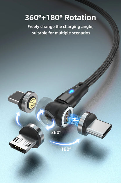 Magnetic Charging Cable — 540° Rotating 5A Fast Charge with USB-C, Lightning & Micro USB Tips