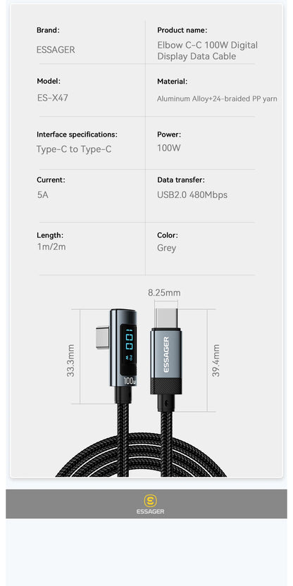 Essager 100W USB-C Cable — Right Angle with Power Display & E-Marker Chip