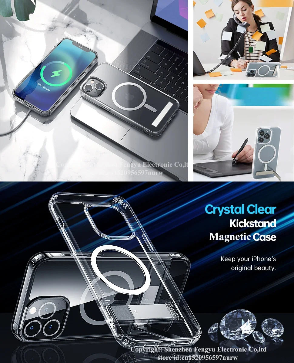 Clear MagSafe Case with Kickstand — Magnetic Wireless Charging Cover