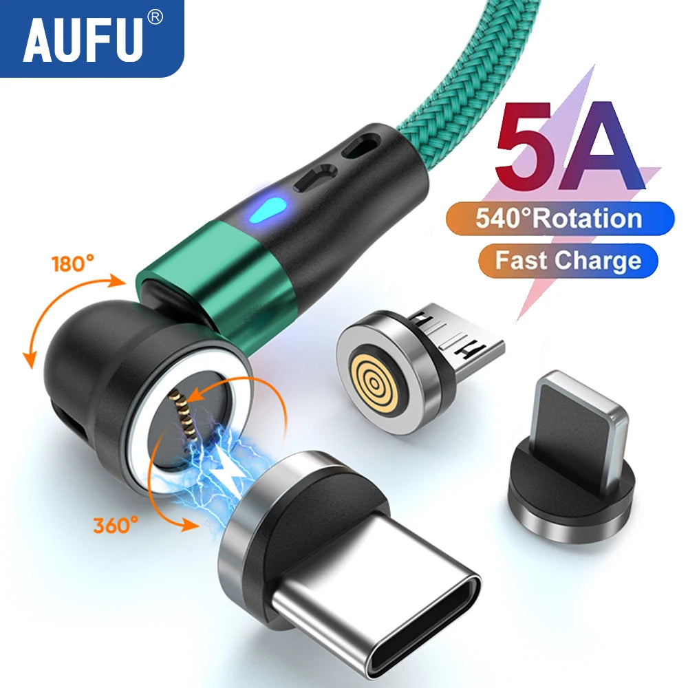 Magnetic Charging Cable — 540° Rotating 5A Fast Charge with USB-C, Lightning & Micro USB Tips