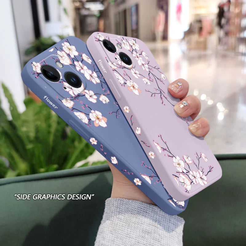 جراب هاتف آيفون بنقشة زهر البرقوق — غطاء حماية مقاوم للصدمات بتصميم كرتوني مزهر