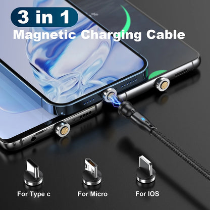 Magnetic Charging Cable — 540° Rotating 5A Fast Charge with USB-C, Lightning & Micro USB Tips