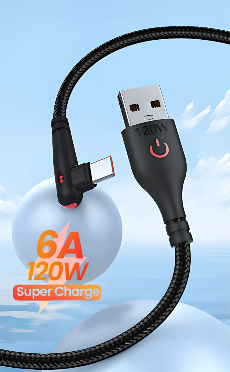 90° Right Angle USB-C Cable — 6A Fast Charging, Braided for Gaming