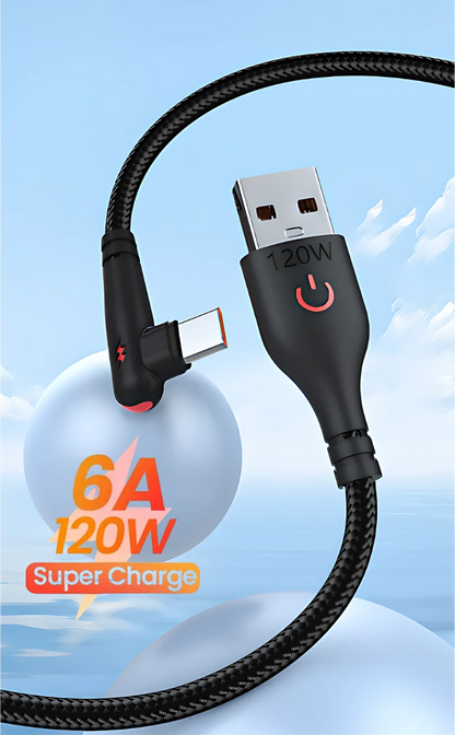 90° Right Angle USB-C Cable — 6A Fast Charging, Braided for Gaming