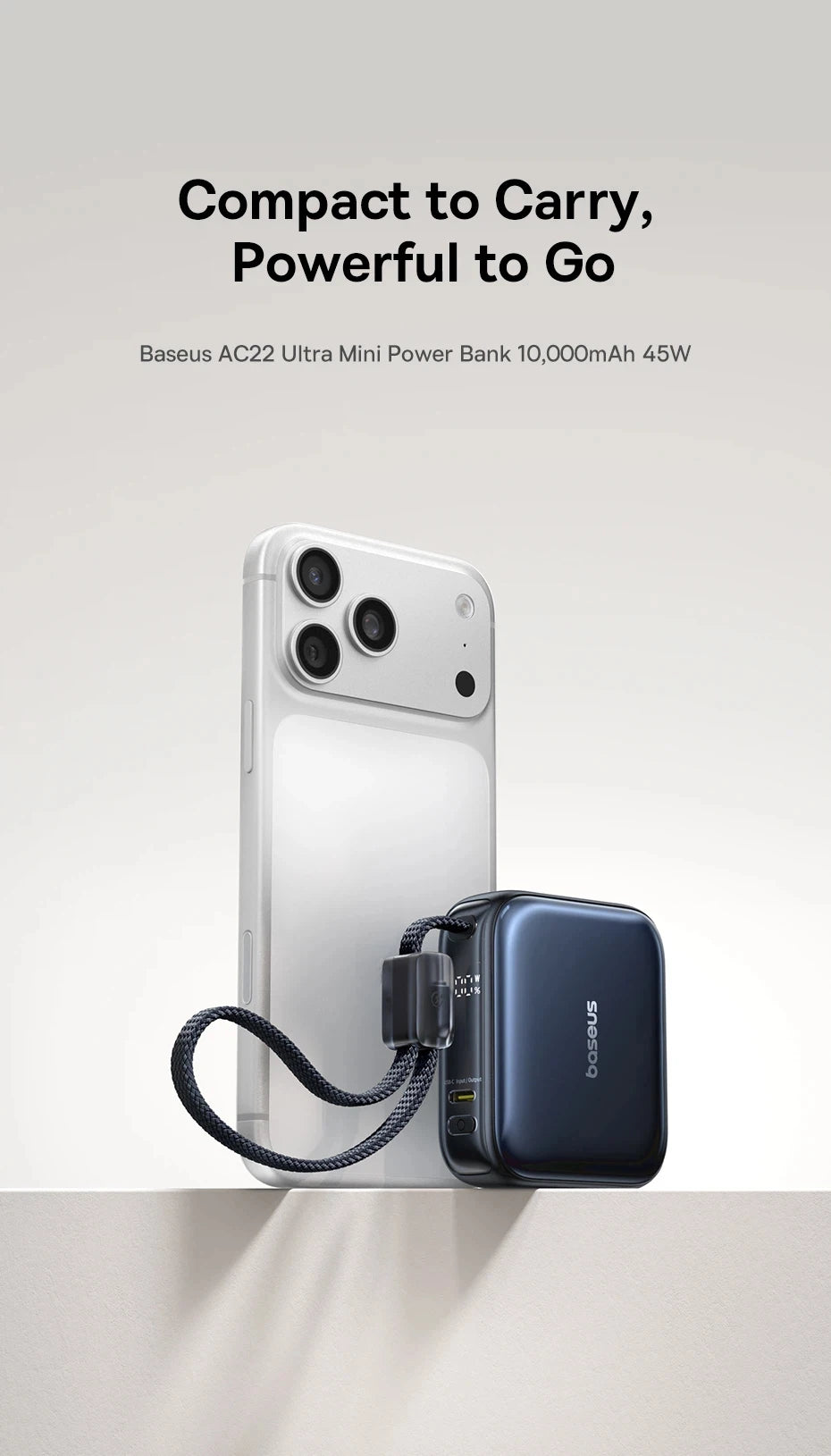 Baseus 10,000mAh Mini Power Bank — 45W Fast Charging with Built-In USB-C Cable