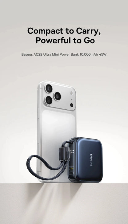 Baseus 10,000mAh Mini Power Bank — 45W Fast Charging with Built-In USB-C Cable