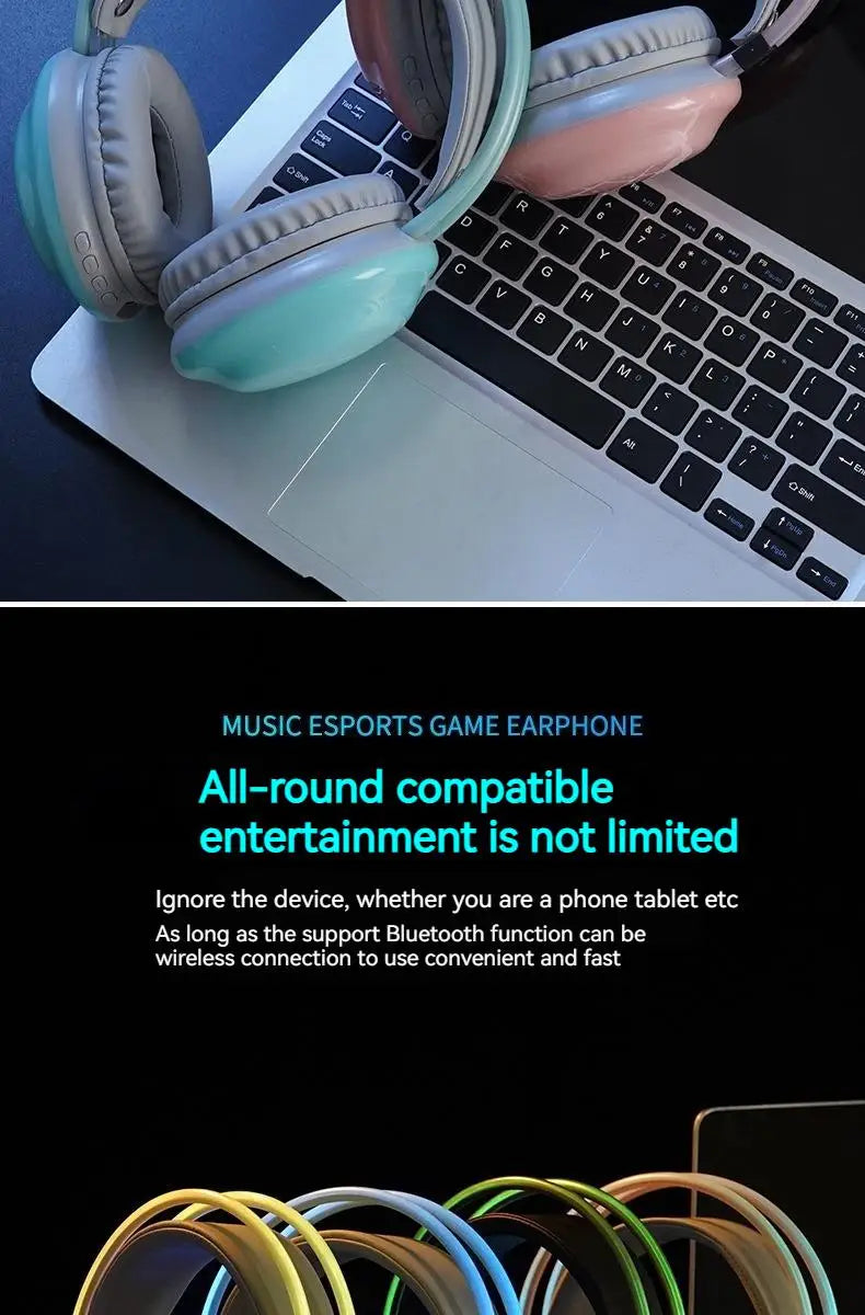 RGB Gaming Headphones — Wireless Bluetooth 5.3 Over-Ear with HD Mic