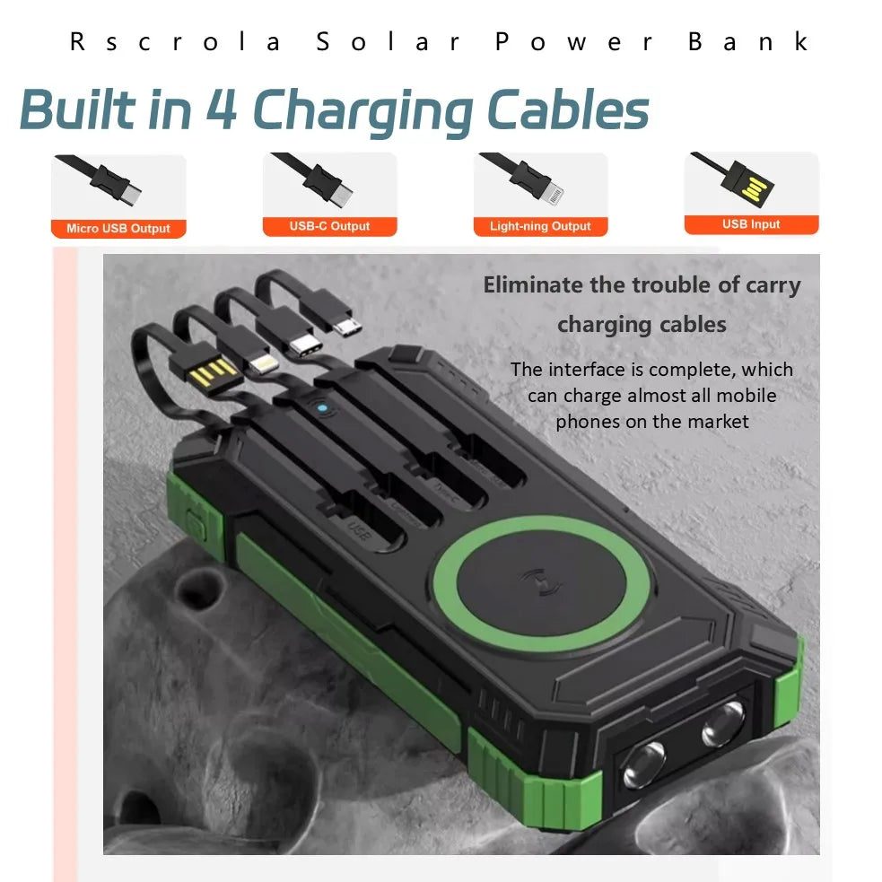 38,000mAh Solar Power Bank with Built-In Cables — Wireless Charging & LED Flashlight