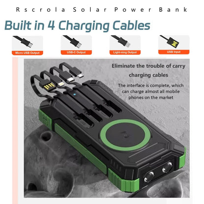 38,000mAh Solar Power Bank with Built-In Cables — Wireless Charging & LED Flashlight