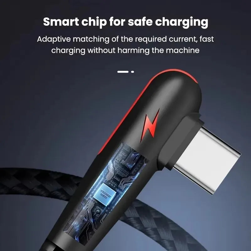 90° Right Angle USB-C Cable — 6A Fast Charging, Braided for Gaming