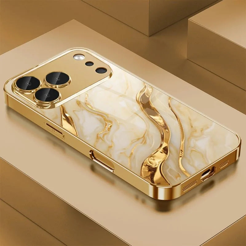 Gold Marble Tempered Glass iPhone Case — Luxury Metallic Cover