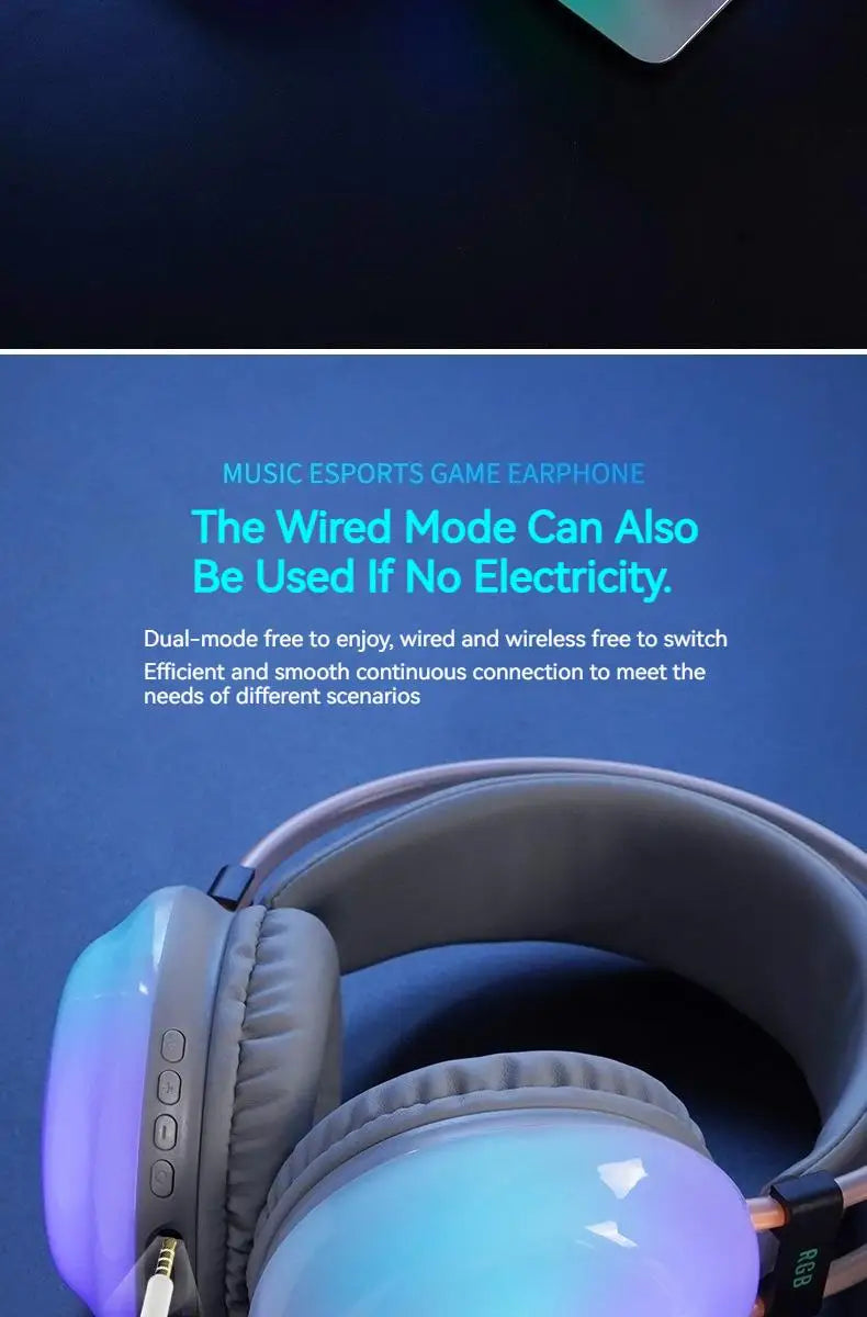 RGB Gaming Headphones — Wireless Bluetooth 5.3 Over-Ear with HD Mic