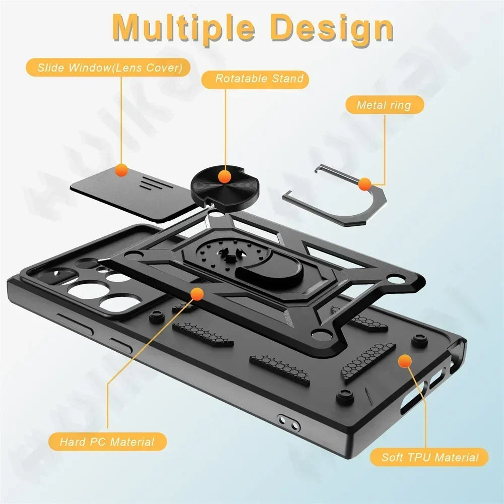 Armor Rotate Ring Stand Samsung Galaxy Case — Slide Lens Cover & Car Mount
