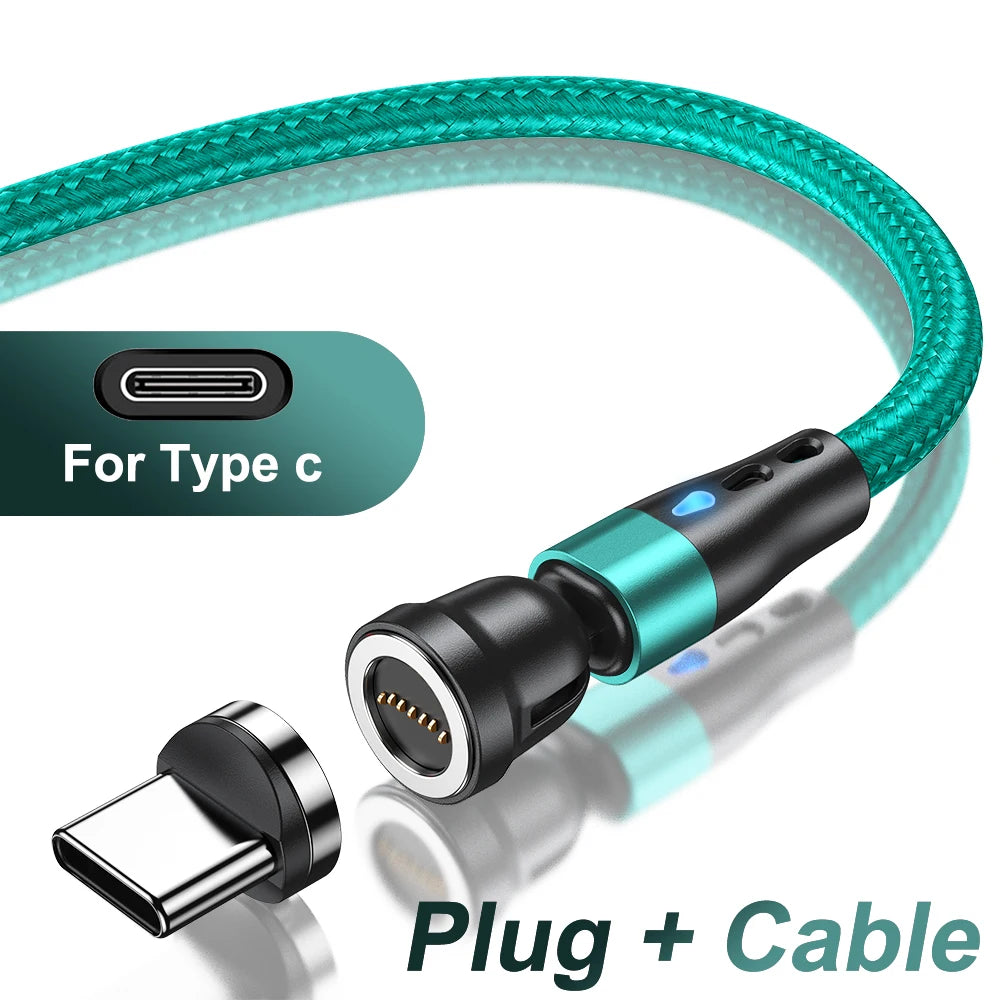 Magnetic Charging Cable — 540° Rotating 5A Fast Charge with USB-C, Lightning & Micro USB Tips