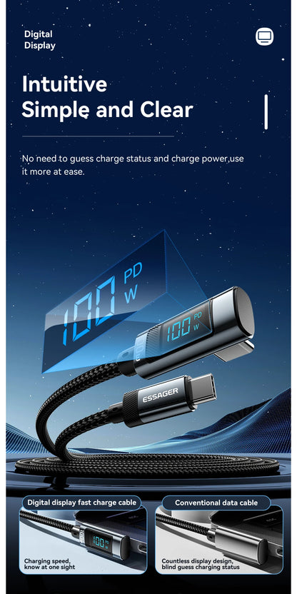 Essager 100W USB-C Cable — Right Angle with Power Display & E-Marker Chip