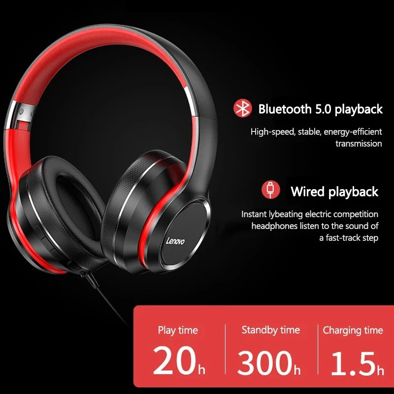Lenovo HD200 Wireless Headphones — Over-Ear Bluetooth with Wired Mode & Folding Design