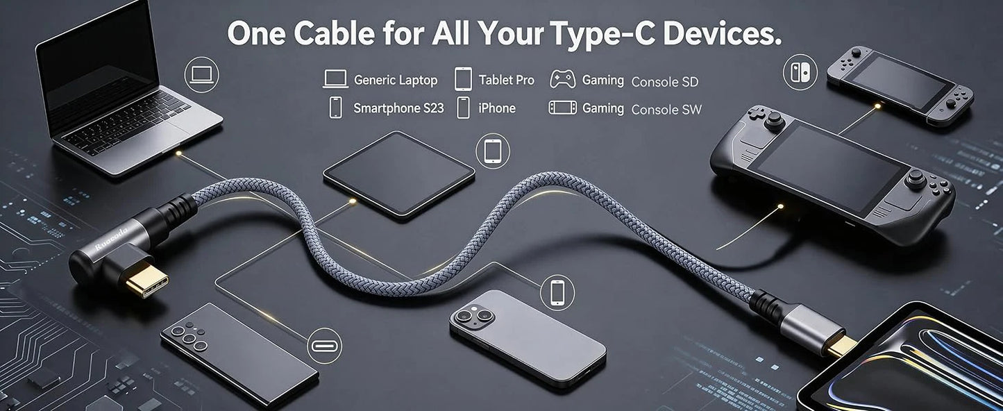Short 90° USB-C Cable — 60W Fast Charging, Braided