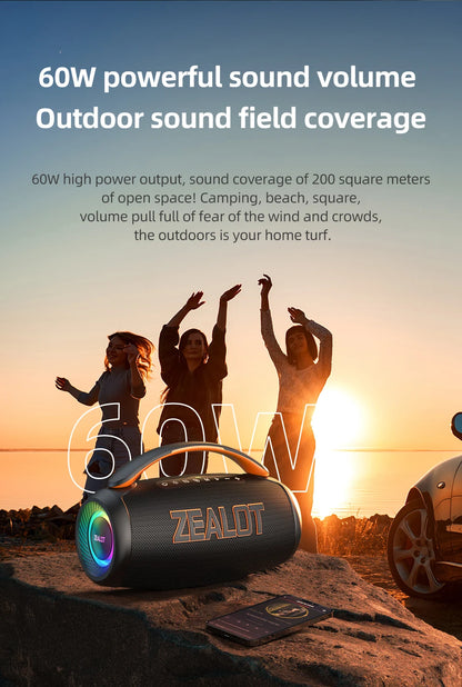 Zealot P12 Portable Bluetooth Speaker — 60W IPX6 Waterproof with Carry Handle