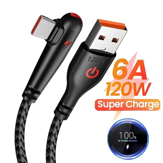 90° Right Angle USB-C Cable — 6A Fast Charging, Braided for Gaming