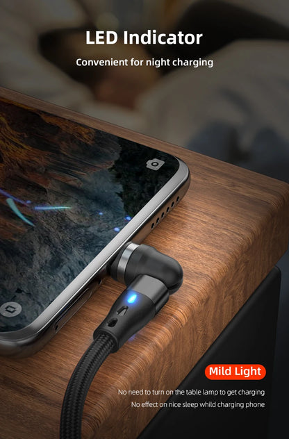Magnetic Charging Cable — 540° Rotating 5A Fast Charge with USB-C, Lightning & Micro USB Tips