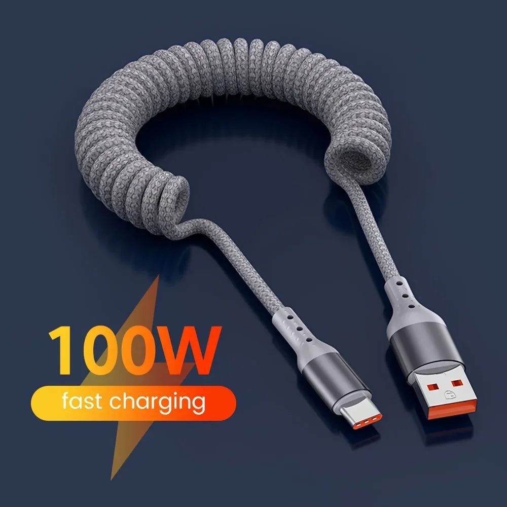 Coiled Car Charging Cable — 100W USB-C, Stretches 0.25m to 1.5m