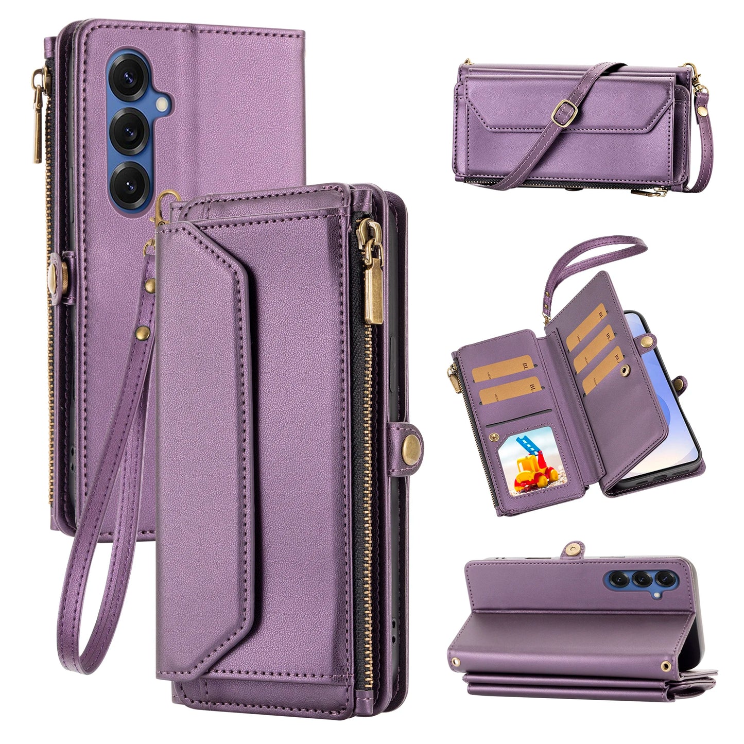 Leather Wallet Samsung Galaxy Case — Cross-Shoulder Strap & Card Slots Cover
