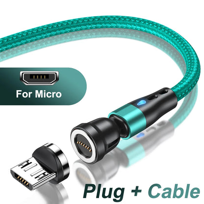 Magnetic Charging Cable — 540° Rotating 5A Fast Charge with USB-C, Lightning & Micro USB Tips