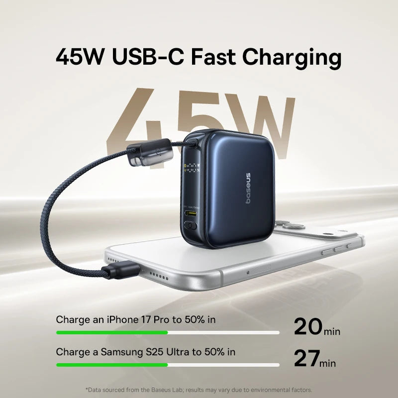 Baseus 10,000mAh Mini Power Bank — 45W Fast Charging with Built-In USB-C Cable