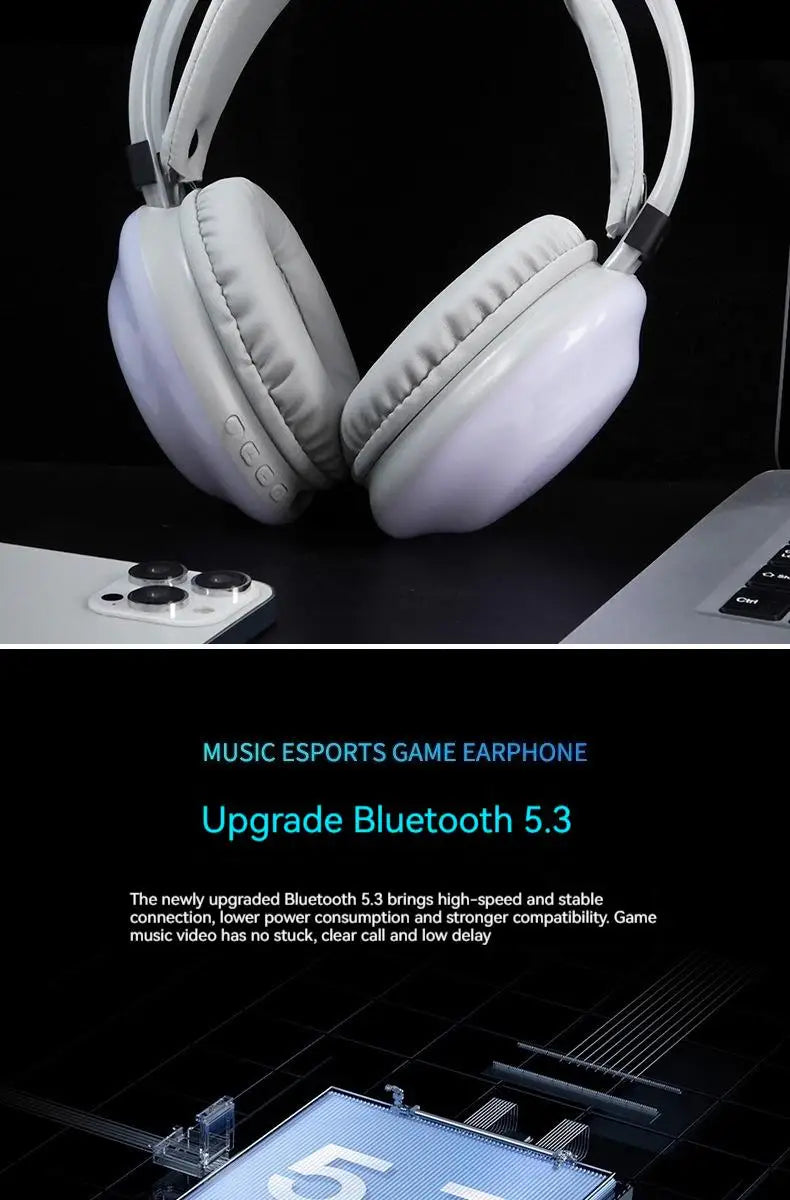 RGB Gaming Headphones — Wireless Bluetooth 5.3 Over-Ear with HD Mic